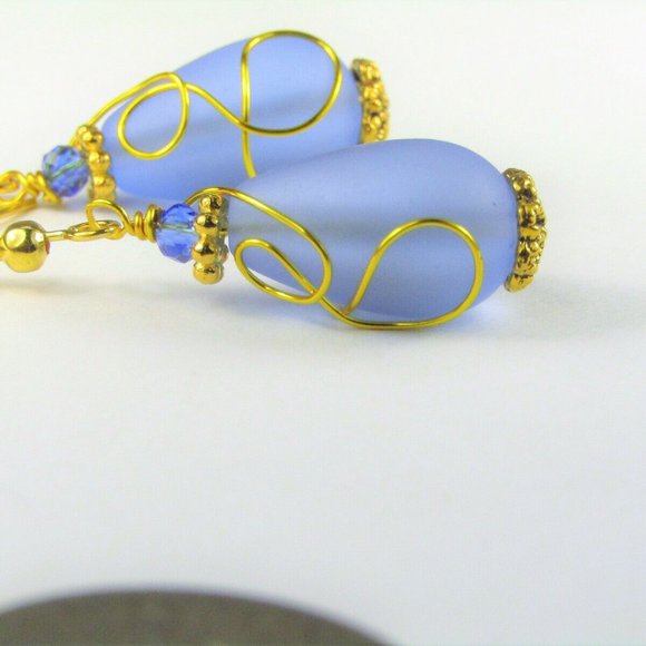 Cobalt Blue Sea Glass Gold Dangle Earrings - Picture 2 of 4